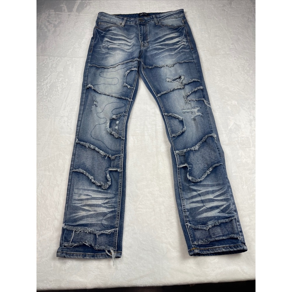 Encrypted Mens Distressed Moto Patchwork Jeans Blue Whiskered Slim Straight 32